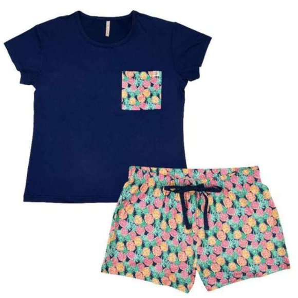 NWT Simply Southern Womens T-Shirt Shorts Pajama Set Pineapple Size XL Navy Blue - Picture 2 of 9